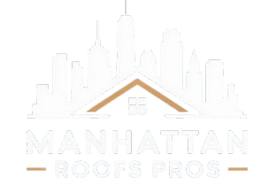 Logo of Manhattan Roofs Pros featuring the Manhattan skyline above a house roof silhouette with a window, and the company name written below in bold white and gold text.