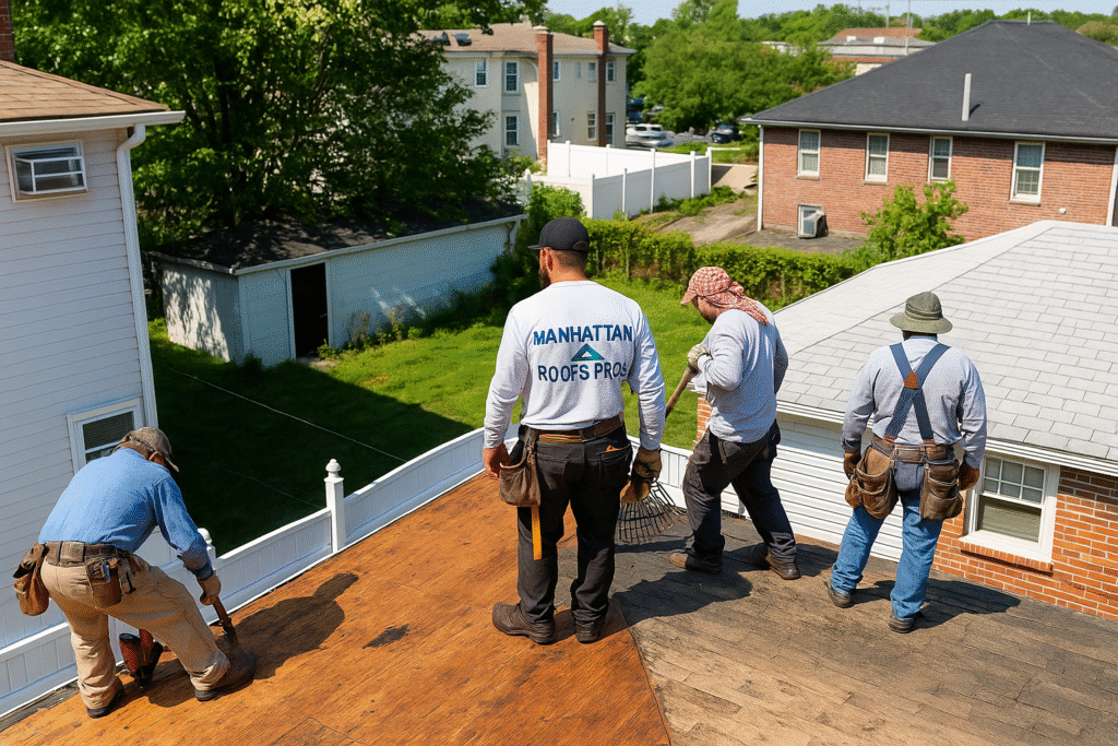 Team of roofers working together on a residential rooftop, preparing the surface with tools and safety gear. with one worker wearing a shirt labeled “Manhattan Roofs Pros.”