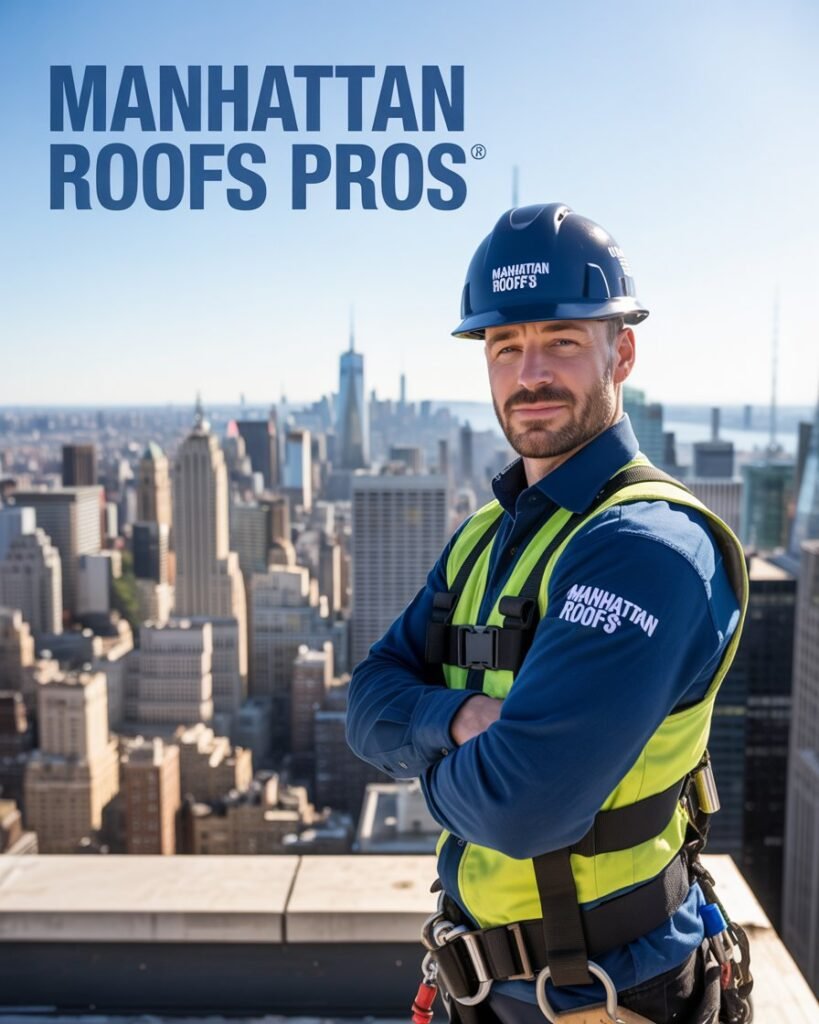 Licensed Manhattan Roofing contractor standing on a high-rise rooftop with safety gear, overlooking the Manhattan skyline.