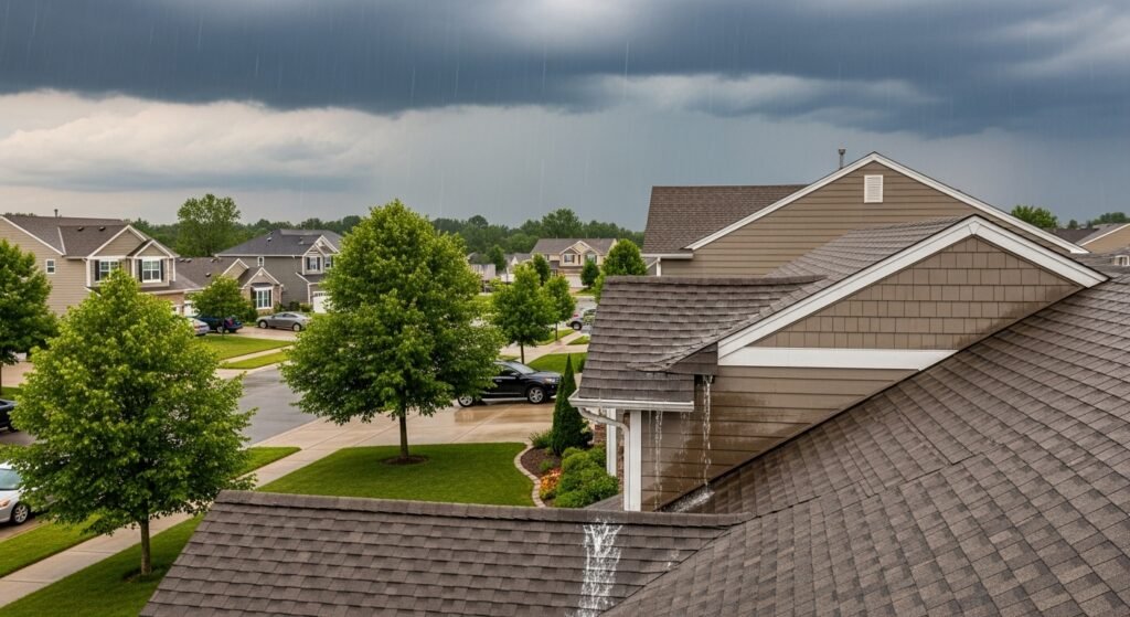 "Residential roof leaking during rainstorm, with visible water droplets on roof."