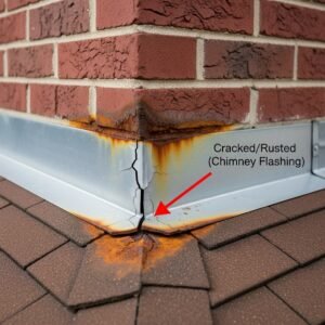 "Diagram showing common roof leak causes: missing shingles, cracked flashing, and leaking roof valley."