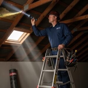 "Professional roofer inspecting roof and using flashlight in attic to identify roof leak."
