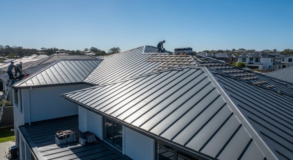 Metal roof installation on modern residential home under clear blue sky