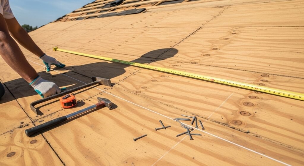 Preparing roof deck for metal roofing installation with exposed plywood, removed shingles, and chalk line alignment