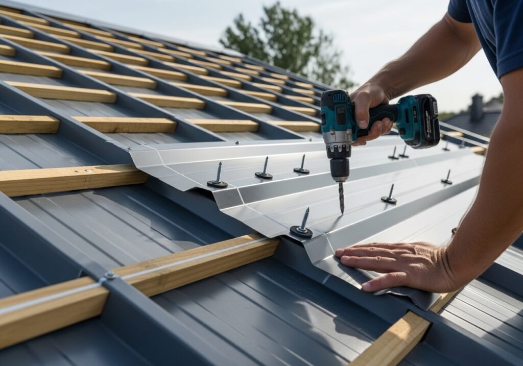 Installing metal roofing panels with correct ridge screw fastening method