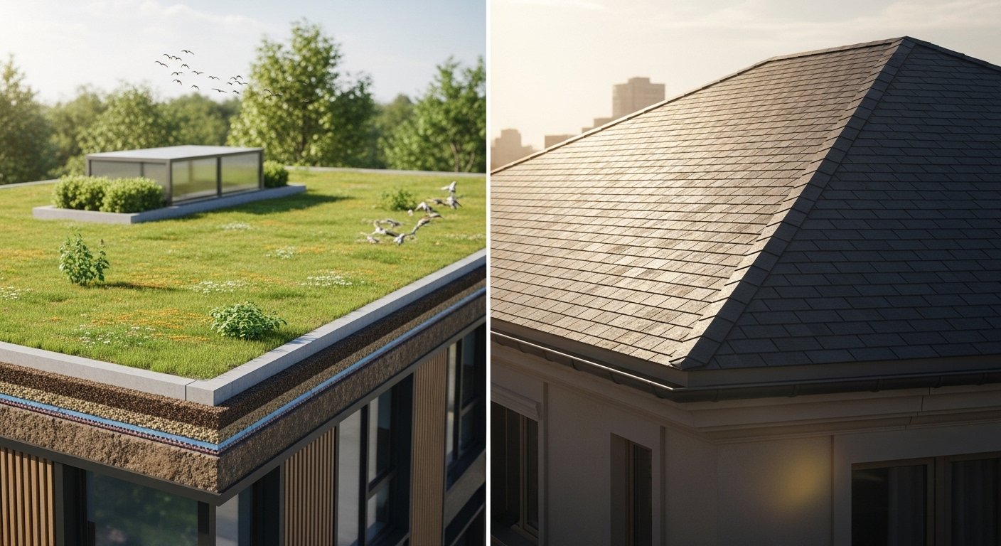 Side-by-side comparison of a green roof covered with vegetation and a traditional asphalt shingle roof under sunlight on modern urban buildings.