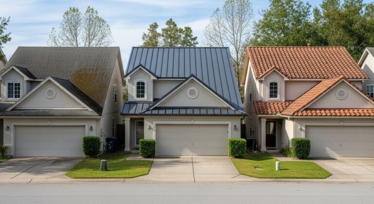 “Three suburban homes with asphalt, metal, and tile roofs showing different roofing material lifespans”