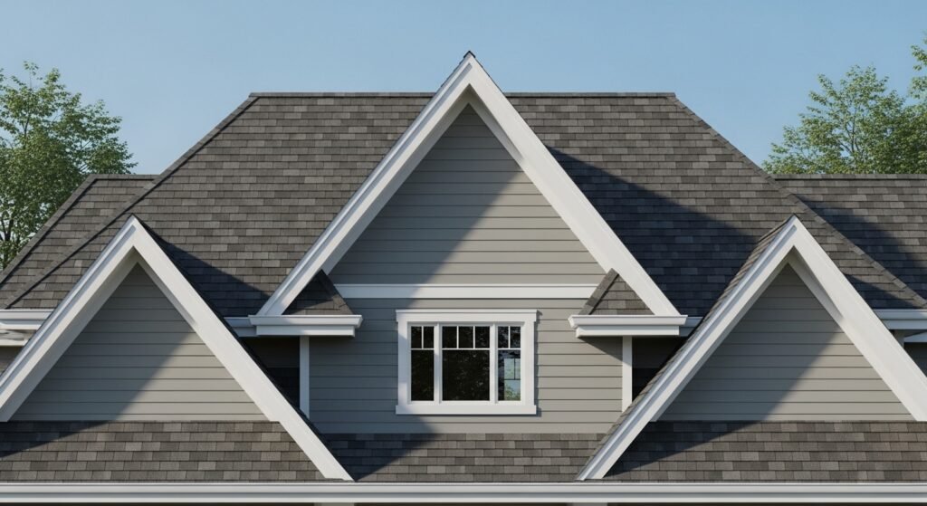 Front view of a house with a classic gable roof featuring two symmetrical sloping sides that meet at a central ridge, forming a triangular peak above the exterior wall.
