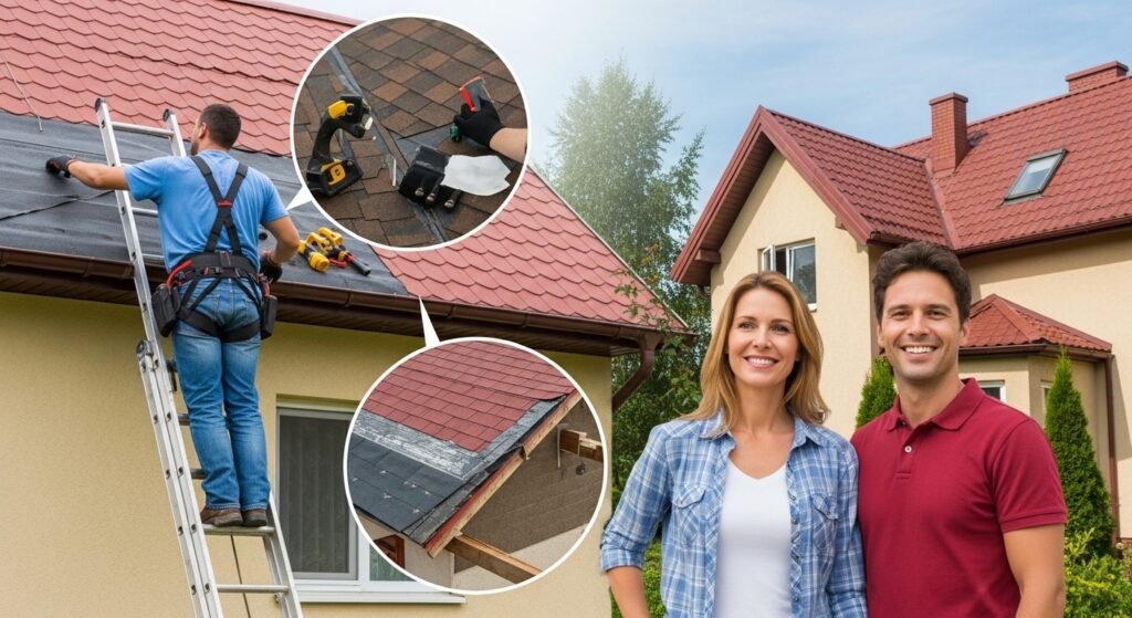 "Homeowner standing by as a roofer repairs shingles on a house, showcasing roof maintenance and quick repairs with a professional and friendly vibe."