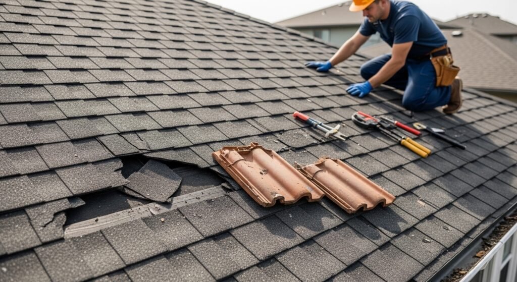 Cracked shingles and broken roof tiles being inspected by a professional roofer on a residential roof.