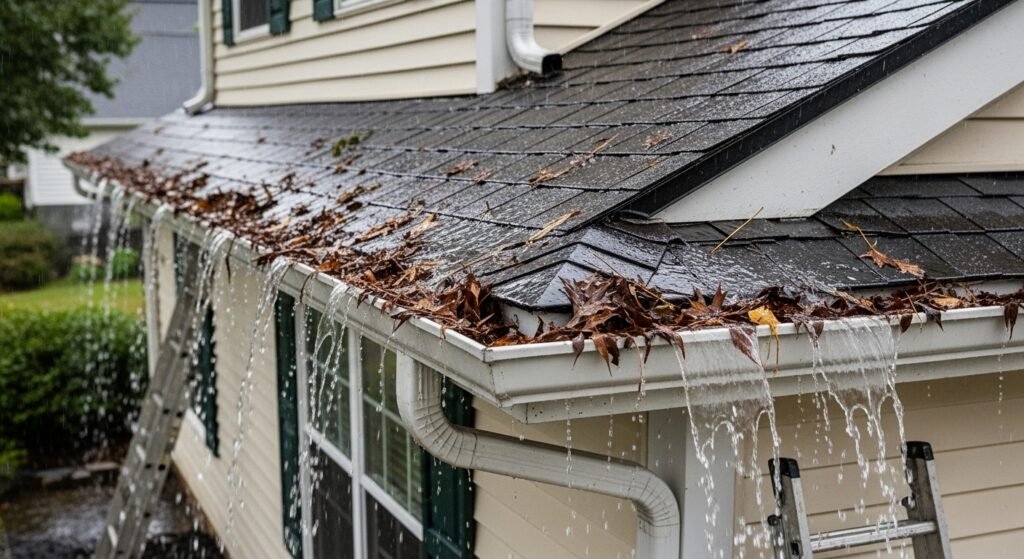 Clogged gutters overflowing with rainwater on a house roof, causing poor drainage and water runoff near the foundation.